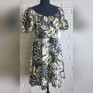 NWT Japna Linen Dress Puff Sleeves Smocked Swing Green Leaf Tropical Boho Large